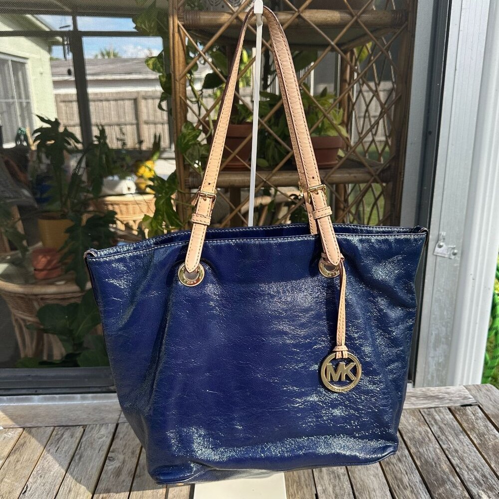 Michael by Michael Kors Jet Set Blue Patent Leather Tote